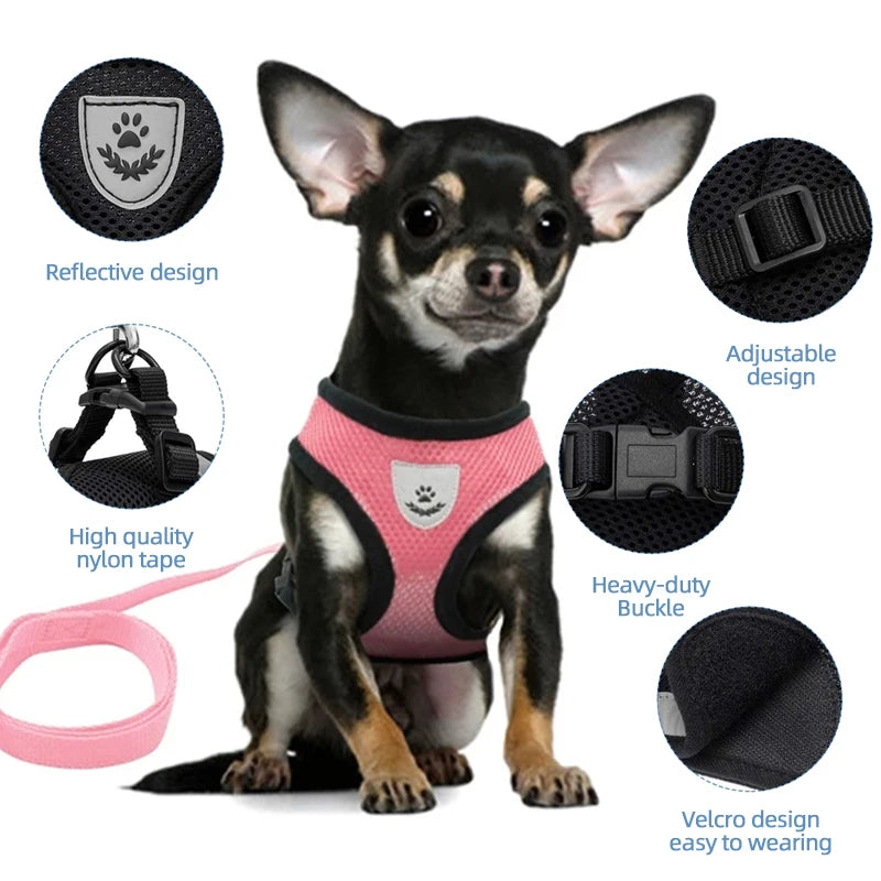 Arnés transpirable para perro, chaleco ajustable, malla de poliéster.